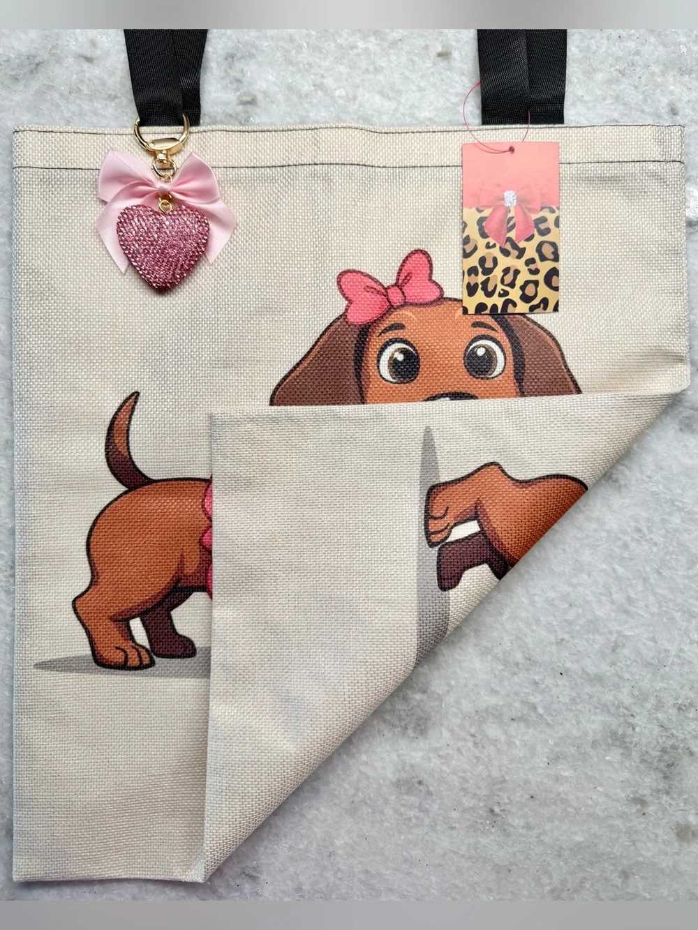 New Adorable Hot Dog Dachshund Shopping Bag Purse Tote w/ Pink Charm - 15.75”